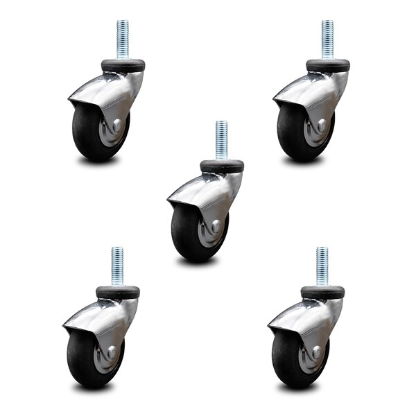 3 Inch Bright Chrome Hooded Neoprene Rubber 3/8 Inch Threaded Stem Casters, 5PK